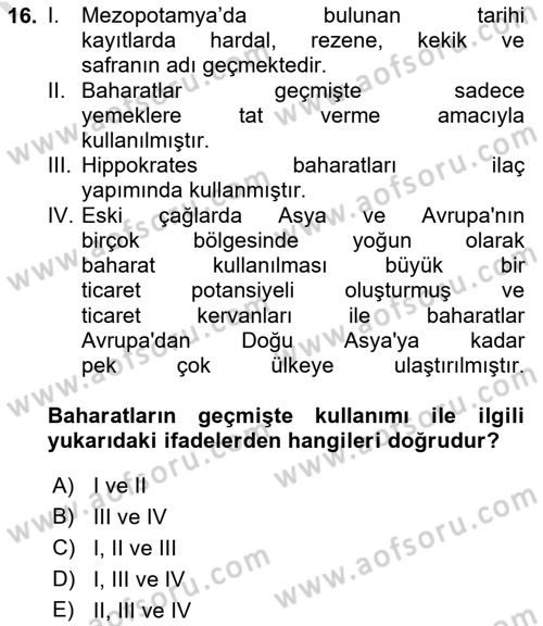 Gıda Coğrafyası Dersi 2023 - 2024 Yılı (Final) Dönem Sonu Sınav Soruları 16. Soru