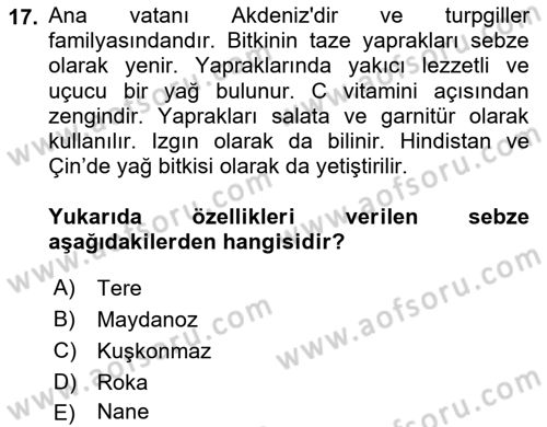 Gıda Coğrafyası Dersi Ara Sınavı Deneme Sınav Soruları 17. Soru