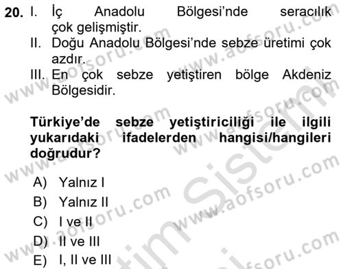 Gıda Coğrafyası Dersi 2024 - 2025 Yılı (Vize) Ara Sınav Soruları 20. Soru