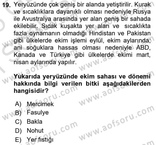 Gıda Coğrafyası Dersi 2024 - 2025 Yılı (Final) Dönem Sonu Sınav Soruları 19. Soru