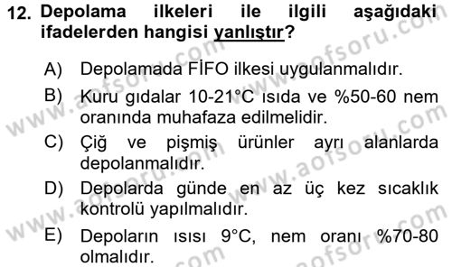 Mutfak Hizmetleri Yönetimi Dersi 2017 - 2018 Yılı 3 Ders Sınav Soruları 12. Soru