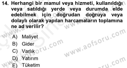 Mutfak Hizmetleri Yönetimi Dersi 2017 - 2018 Yılı 3 Ders Sınav Soruları 14. Soru