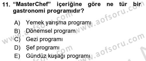 Gastronomi Ve Medya Dersi 2021 - 2022 Yılı (Vize) Ara Sınav Soruları 11. Soru