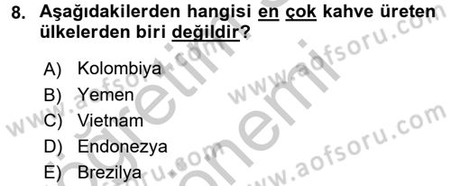 İçecek Bilgisi Dersi 2016 - 2017 Yılı (Vize) Ara Sınav Soruları 8. Soru
