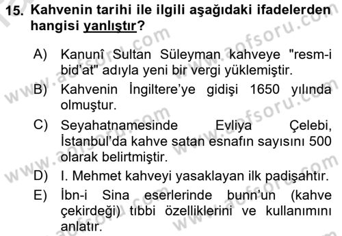 İçecek Bilgisi Dersi 2022 - 2023 Yılı (Vize) Ara Sınav Soruları 15. Soru