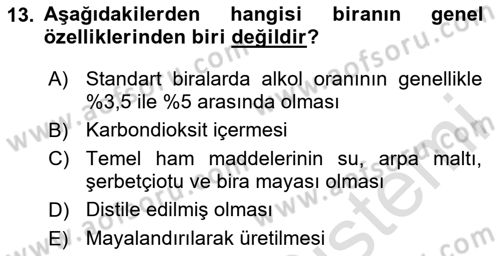 İçecek Bilgisi Dersi 2024 - 2025 Yılı (Vize) Ara Sınav Soruları 13. Soru