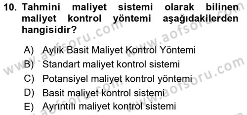 Yiyecek Ve İçecek İşletmeciliği Dersi 2020 - 2021 Yılı Yaz Okulu Sınav Soruları 10. Soru