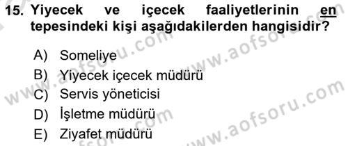 Yiyecek Ve İçecek İşletmeciliği Dersi Ara Sınavı Deneme Sınav Soruları 15. Soru