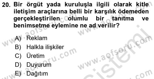 Yiyecek Ve İçecek İşletmeciliği Dersi 2023 - 2024 Yılı (Final) Dönem Sonu Sınav Soruları 20. Soru