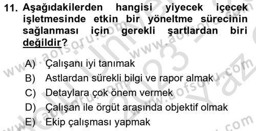 Yiyecek Ve İçecek İşletmeciliği Dersi 2023 - 2024 Yılı Yaz Okulu Sınav Soruları 11. Soru