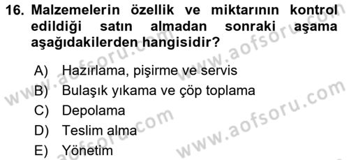 Yiyecek Ve İçecek İşletmeciliği Dersi Ara Sınavı Deneme Sınav Soruları 16. Soru