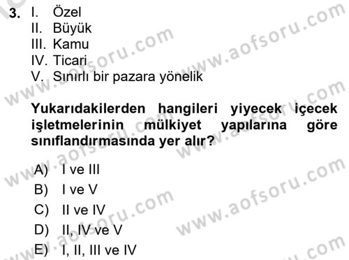 Yiyecek Ve İçecek İşletmeciliği Dersi Ara Sınavı Deneme Sınav Soruları 3. Soru