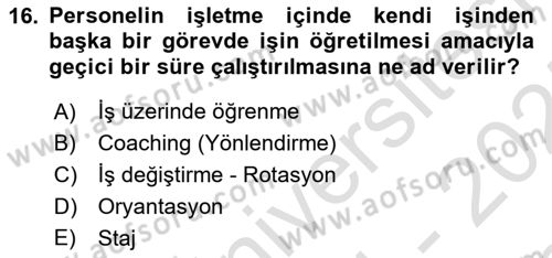 Yiyecek Ve İçecek İşletmeciliği Dersi 2024 - 2025 Yılı (Final) Dönem Sonu Sınav Soruları 16. Soru
