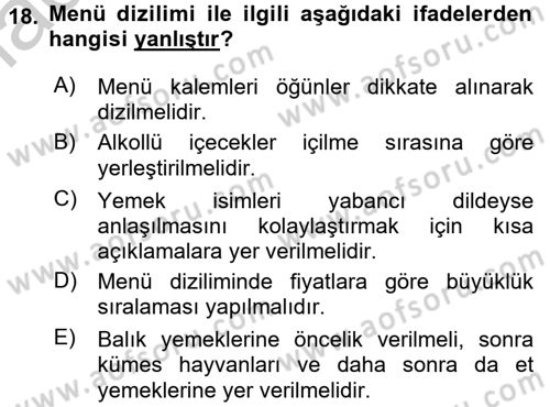 Menü Yönetimi Dersi 2016 - 2017 Yılı (Vize) Ara Sınav Soruları 18. Soru