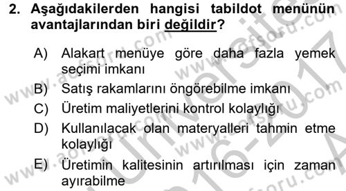 Menü Yönetimi Dersi 2016 - 2017 Yılı (Vize) Ara Sınav Soruları 2. Soru