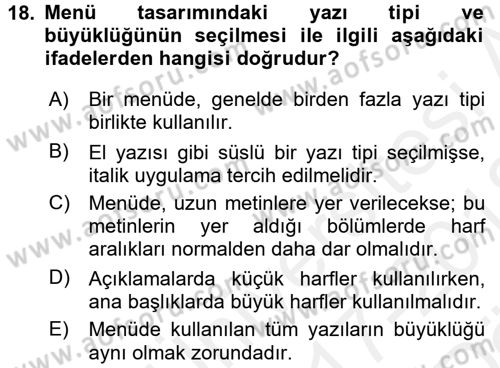 Menü Yönetimi Dersi 2017 - 2018 Yılı (Vize) Ara Sınav Soruları 18. Soru