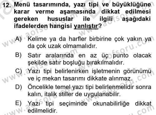 Menü Yönetimi Dersi 2021 - 2022 Yılı (Vize) Ara Sınav Soruları 12. Soru