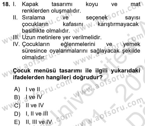 Menü Yönetimi Dersi 2021 - 2022 Yılı (Vize) Ara Sınav Soruları 18. Soru
