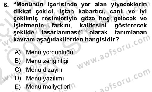 Menü Yönetimi Dersi 2021 - 2022 Yılı (Final) Dönem Sonu Sınav Soruları 6. Soru