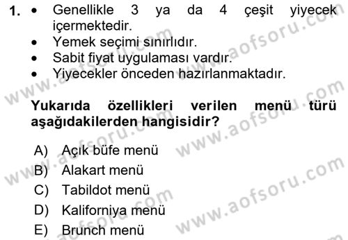 Menü Yönetimi Dersi 2023 - 2024 Yılı (Vize) Ara Sınav Soruları 1. Soru