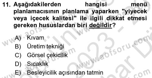 Menü Yönetimi Dersi 2023 - 2024 Yılı (Vize) Ara Sınav Soruları 11. Soru