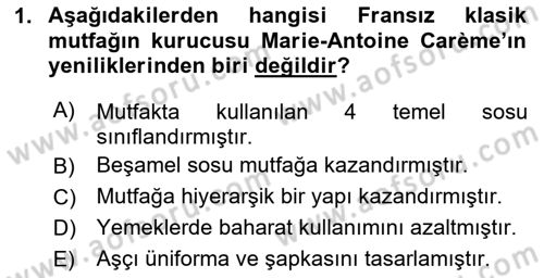 Dünya Mutfakları Dersi 2024 - 2025 Yılı (Vize) Ara Sınav Soruları 1. Soru