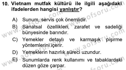 Dünya Mutfakları Dersi 2024 - 2025 Yılı (Final) Dönem Sonu Sınav Soruları 10. Soru