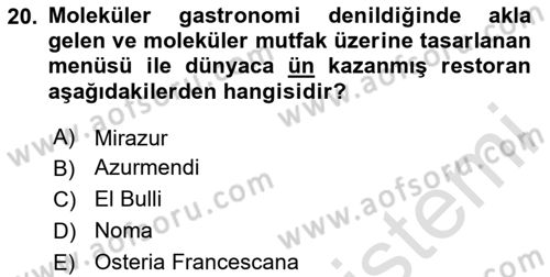 Gastronomide Yeni Akımlar Dersi 2023 - 2024 Yılı (Vize) Ara Sınav Soruları 20. Soru