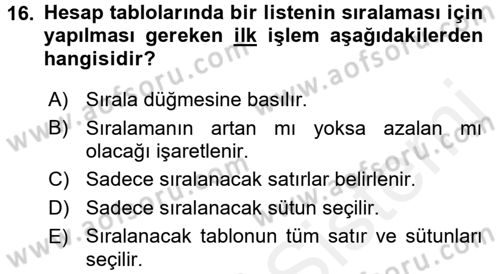 Temel Bilgi Teknolojileri 1 Dersi 2015 - 2016 Yılı Tek Ders Sınavı 16. Soru