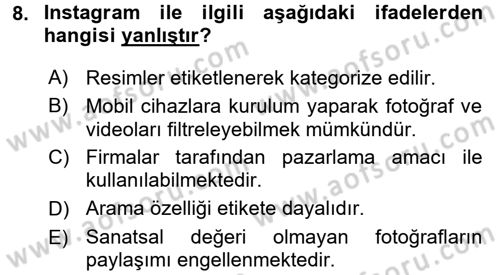 Temel Bilgi Teknolojileri 1 Dersi 2017 - 2018 Yılı 3 Ders Sınav Soruları 8. Soru