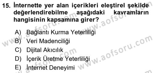 Temel Bilgi Teknolojileri 1 Dersi 2021 - 2022 Yılı (Final) Dönem Sonu Sınavı 15. Soru