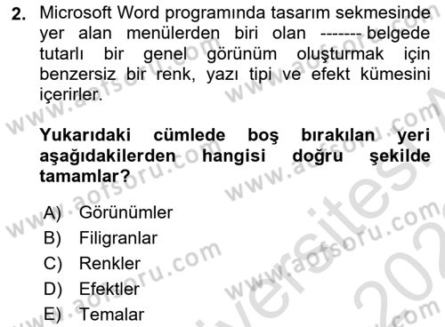 Temel Bilgi Teknolojileri 1 Dersi 2021 - 2022 Yılı (Final) Dönem Sonu Sınavı 2. Soru