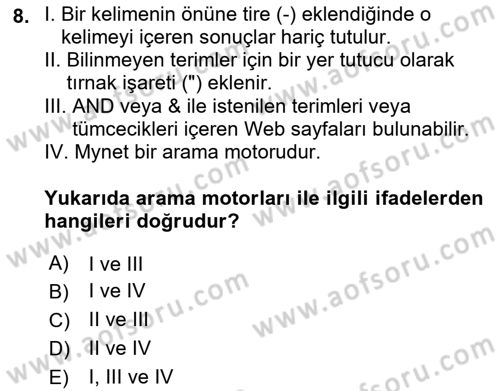 Temel Bilgi Teknolojileri 1 Dersi 2021 - 2022 Yılı (Final) Dönem Sonu Sınavı 8. Soru