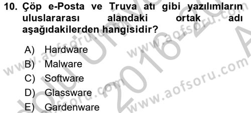 Temel Bilgi Teknolojileri 2 Dersi 2016 - 2017 Yılı (Vize) Ara Sınav Soruları 10. Soru
