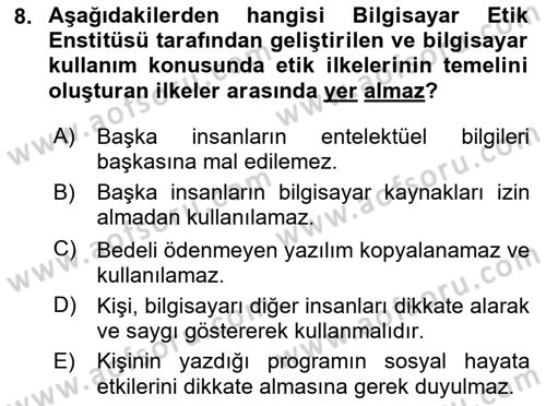 Temel Bilgi Teknolojileri 2 Dersi 2023 - 2024 Yılı Yaz Okulu Sınav Soruları 8. Soru