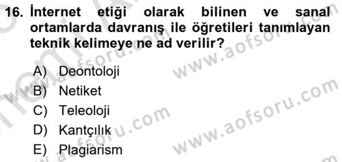 Temel Bilgi Teknolojileri 2 Dersi 2024 - 2025 Yılı (Vize) Ara Sınav Soruları 16. Soru