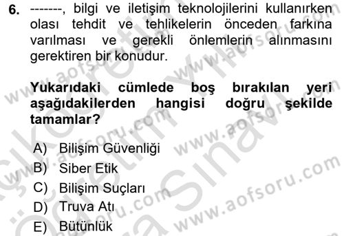 Temel Bilgi Teknolojileri 2 Dersi 2024 - 2025 Yılı (Vize) Ara Sınav Soruları 6. Soru