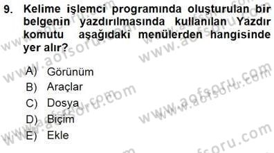 Bilgisayar 1 Dersi 2015 - 2016 Yılı (Vize) Ara Sınavı 9. Soru