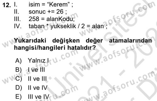 İleri Programlama 1 Dersi 2021 - 2022 Yılı (Vize) Ara Sınav Soruları 12. Soru
