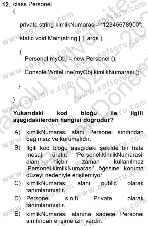İleri Programlama 1 Dersi 2021 - 2022 Yılı (Final) Dönem Sonu Sınav Soruları 12. Soru
