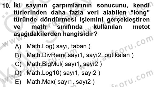 İleri Programlama 1 Dersi 2021 - 2022 Yılı Yaz Okulu Sınav Soruları 10. Soru