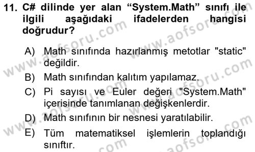İleri Programlama 1 Dersi 2021 - 2022 Yılı Yaz Okulu Sınav Soruları 11. Soru