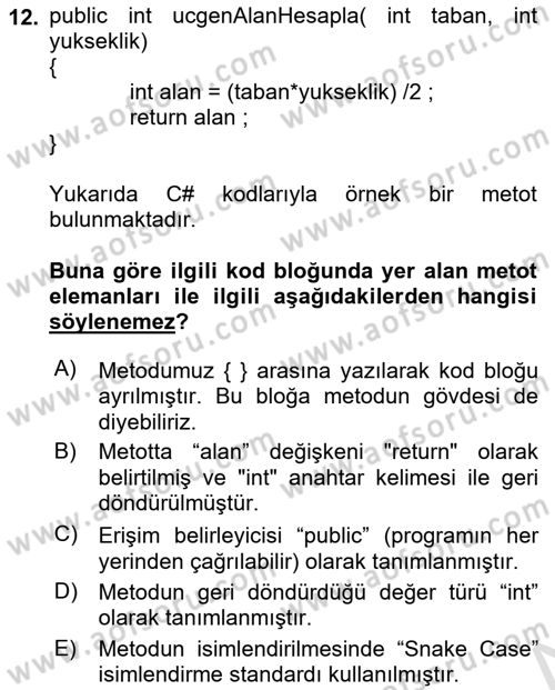 İleri Programlama 1 Dersi 2021 - 2022 Yılı Yaz Okulu Sınav Soruları 12. Soru
