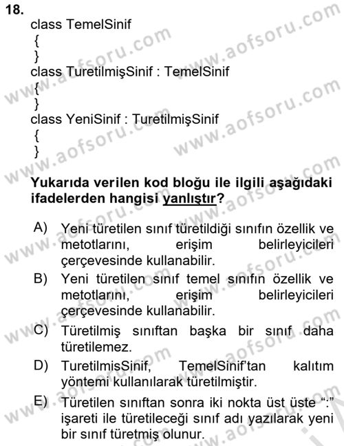 İleri Programlama 1 Dersi 2021 - 2022 Yılı Yaz Okulu Sınav Soruları 18. Soru