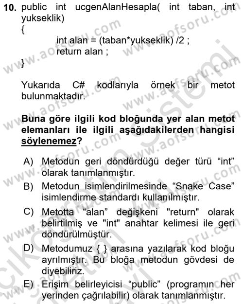 İleri Programlama 1 Dersi 2022 - 2023 Yılı Yaz Okulu Sınav Soruları 10. Soru