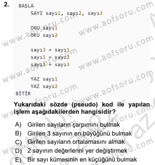 İleri Programlama 1 Dersi 2022 - 2023 Yılı Yaz Okulu Sınav Soruları 2. Soru
