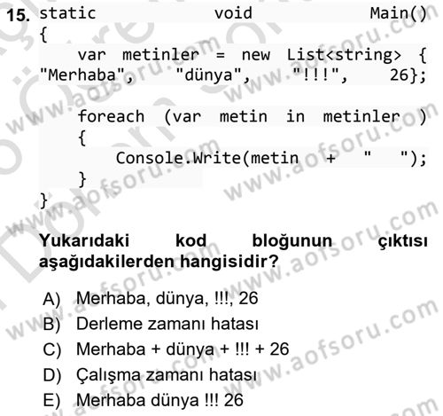 İleri Programlama 1 Dersi 2025 - 2026 Yılı (Final) Dönem Sonu Sınav Soruları 15. Soru