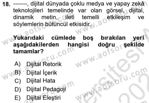 Dijital Dönüşüm Dersi Ara Sınavı Deneme Sınav Soruları 18. Soru
