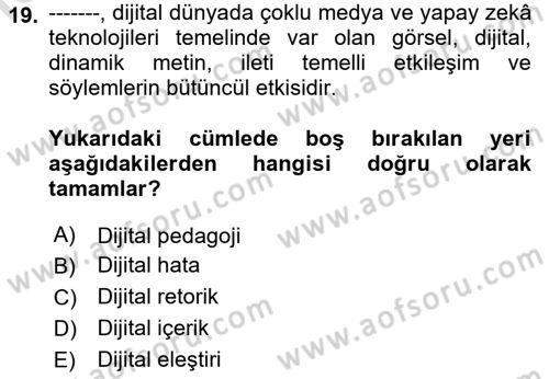 Dijital Dönüşüm Dersi 2024 - 2025 Yılı (Vize) Ara Sınavı 19. Soru