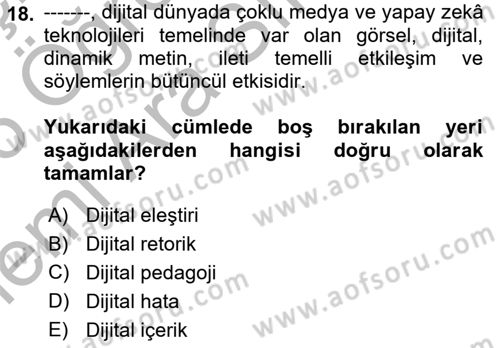 Dijital Dönüşüm Dersi 2025 - 2026 Yılı (Vize) Ara Sınav Soruları 18. Soru